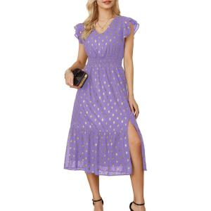 imageGRACE KARIN Womens V Neck Ruffle Sleeve Summer Dress 2025 Split Flowy Tiered Midi Dress Wedding Guest Cocktail DressesLavendergold Dots