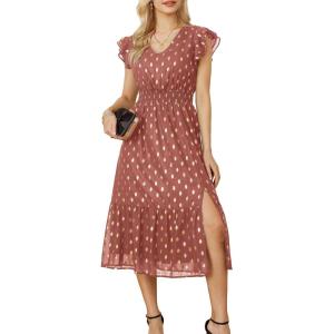 imageGRACE KARIN Womens V Neck Ruffle Sleeve Summer Dress 2025 Split Flowy Tiered Midi Dress Wedding Guest Cocktail DressesLight Brick Redgold Dots