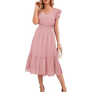 imageGRACE KARIN Womens V Neck Ruffle Sleeve Summer Dress 2025 Split Flowy Tiered Midi Dress Wedding Guest Cocktail DressesLight Pinkplain