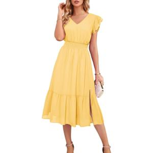 imageGRACE KARIN Womens V Neck Ruffle Sleeve Summer Dress 2025 Split Flowy Tiered Midi Dress Wedding Guest Cocktail DressesLight Yellowplain