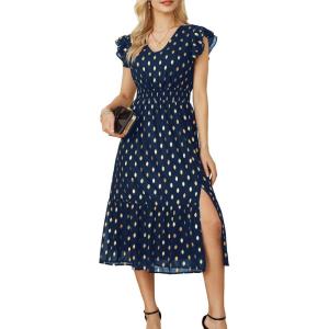 imageGRACE KARIN Womens V Neck Ruffle Sleeve Summer Dress 2025 Split Flowy Tiered Midi Dress Wedding Guest Cocktail DressesNavy Bluegold Dots