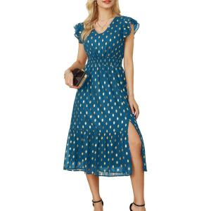 imageGRACE KARIN Womens V Neck Ruffle Sleeve Summer Dress 2025 Split Flowy Tiered Midi Dress Wedding Guest Cocktail DressesPeacock Bluegold Dots