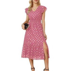 imageGRACE KARIN Womens V Neck Ruffle Sleeve Summer Dress 2025 Split Flowy Tiered Midi Dress Wedding Guest Cocktail DressesPinkgold Dots