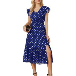 imageGRACE KARIN Womens V Neck Ruffle Sleeve Summer Dress 2025 Split Flowy Tiered Midi Dress Wedding Guest Cocktail DressesRoyal Bluegold Dots