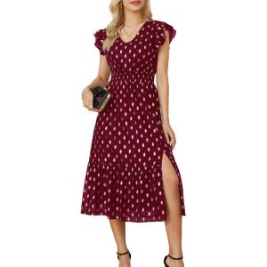 imageGRACE KARIN Womens V Neck Ruffle Sleeve Summer Dress 2025 Split Flowy Tiered Midi Dress Wedding Guest Cocktail DressesWine Redgold Dots