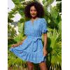 imageGRACE KARIN Womens Eyelet Vacation Dress Summer Casual Aline Mini Sundress Puff Sleeve Tie V Neck Ruffle Short Beach DressLight Blue