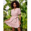 imageGRACE KARIN Womens Eyelet Vacation Dress Summer Casual Aline Mini Sundress Puff Sleeve Tie V Neck Ruffle Short Beach DressPink