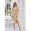 imageGRACE KARIN Womens Striped Bodycon Dress Summer Casual Polo V Neck Cap Sleeve Side Slit Ruched Stretch Midi DressesKhaki