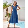 imageGRACE KARIN Womens Summer Dress Casual 2025 Flutter Sleeve Square Neck Smocked Boho Beach Dresses Tiered Midi Long SundressBlue