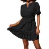 imageGRACE KARIN Womens Eyelet Vacation Dress Summer Casual Aline Mini Sundress Puff Sleeve Tie V Neck Ruffle Short Beach DressBlack