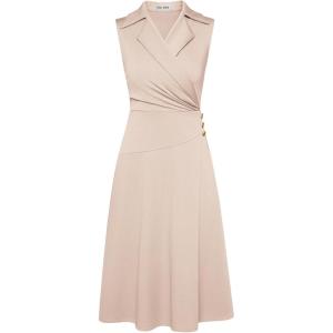 imageGRACE KARIN 2025 Womens Notch Lapel Ruched Wrap V Neck Business Work Dress Sleeveless A Line Midi DressApricot