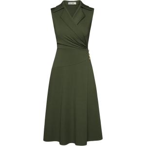 imageGRACE KARIN 2025 Womens Notch Lapel Ruched Wrap V Neck Business Work Dress Sleeveless A Line Midi DressArmy Green