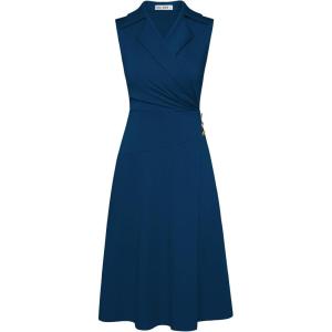 imageGRACE KARIN 2025 Womens Notch Lapel Ruched Wrap V Neck Business Work Dress Sleeveless A Line Midi DressBlue Green