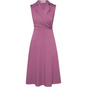 imageGRACE KARIN 2025 Womens Notch Lapel Ruched Wrap V Neck Business Work Dress Sleeveless A Line Midi DressDark Pink