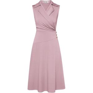 imageGRACE KARIN 2025 Womens Notch Lapel Ruched Wrap V Neck Business Work Dress Sleeveless A Line Midi DressLight Pink