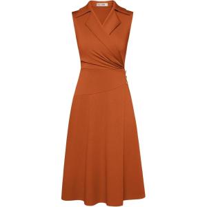 imageGRACE KARIN 2025 Womens Notch Lapel Ruched Wrap V Neck Business Work Dress Sleeveless A Line Midi DressOrange