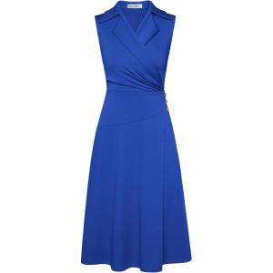 imageGRACE KARIN 2025 Womens Notch Lapel Ruched Wrap V Neck Business Work Dress Sleeveless A Line Midi DressRoyal Blue