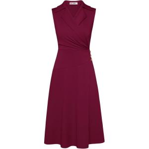 imageGRACE KARIN 2025 Womens Notch Lapel Ruched Wrap V Neck Business Work Dress Sleeveless A Line Midi DressWine Red