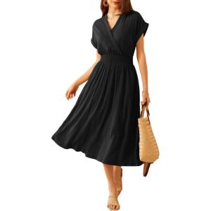 imageGRACE KARIN Casual Dresses for Women 2025 Summer Smocked High Waist Flowy Dress with PocketsBlack