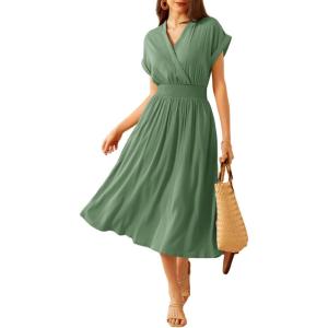 imageGRACE KARIN Casual Dresses for Women 2025 Summer Smocked High Waist Flowy Dress with PocketsGray Green