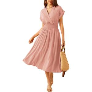 imageGRACE KARIN Casual Dresses for Women 2025 Summer Smocked High Waist Flowy Dress with PocketsLight Pink