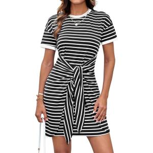 imageGRACE KARIN Striped Shirt Dresses for Women Front Tie Crewneck Wrap Dress Short Sleeve TShirt Casual Mini Bodycon DressBlack