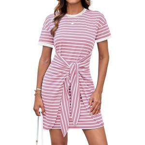 imageGRACE KARIN Striped Shirt Dresses for Women Front Tie Crewneck Wrap Dress Short Sleeve TShirt Casual Mini Bodycon DressPink