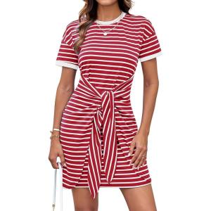 imageGRACE KARIN Striped Shirt Dresses for Women Front Tie Crewneck Wrap Dress Short Sleeve TShirt Casual Mini Bodycon DressRed