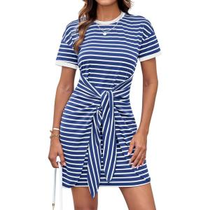imageGRACE KARIN Striped Shirt Dresses for Women Front Tie Crewneck Wrap Dress Short Sleeve TShirt Casual Mini Bodycon DressRoyal Blue