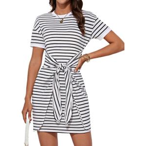 imageGRACE KARIN Striped Shirt Dresses for Women Front Tie Crewneck Wrap Dress Short Sleeve TShirt Casual Mini Bodycon DressWhite