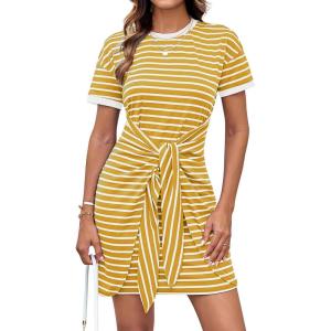 imageGRACE KARIN Striped Shirt Dresses for Women Front Tie Crewneck Wrap Dress Short Sleeve TShirt Casual Mini Bodycon DressYellow