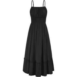 imageGRACE KARIN Womens 2025 Summer Maxi Dress Casual Sleeveless Spaghetti Strap Smocked Ruffle Beach Long Dress with PocketsBlack