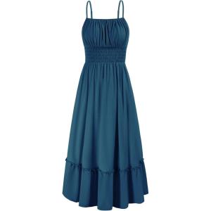 imageGRACE KARIN Womens 2025 Summer Maxi Dress Casual Sleeveless Spaghetti Strap Smocked Ruffle Beach Long Dress with PocketsBlue