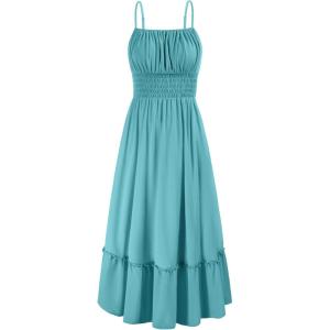 imageGRACE KARIN Womens 2025 Summer Maxi Dress Casual Sleeveless Spaghetti Strap Smocked Ruffle Beach Long Dress with PocketsBlue Green