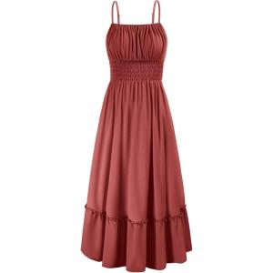 imageGRACE KARIN Womens 2025 Summer Maxi Dress Casual Sleeveless Spaghetti Strap Smocked Ruffle Beach Long Dress with PocketsBrick Red