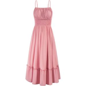 imageGRACE KARIN Womens 2025 Summer Maxi Dress Casual Sleeveless Spaghetti Strap Smocked Ruffle Beach Long Dress with PocketsLight Pink