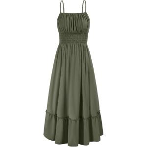 imageGRACE KARIN Womens 2025 Summer Maxi Dress Casual Sleeveless Spaghetti Strap Smocked Ruffle Beach Long Dress with PocketsOlive Green