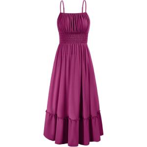imageGRACE KARIN Womens 2025 Summer Maxi Dress Casual Sleeveless Spaghetti Strap Smocked Ruffle Beach Long Dress with PocketsPurple Red