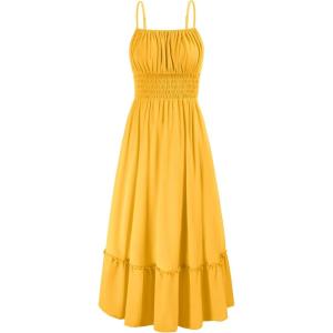 imageGRACE KARIN Womens 2025 Summer Maxi Dress Casual Sleeveless Spaghetti Strap Smocked Ruffle Beach Long Dress with PocketsYellow