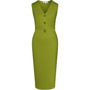 imageGRACE KARIN Womens 2025 Summer Wear to Work Dress V Neck Sleeveless Office Business Midi Sheath Pencil DressesYellow Green