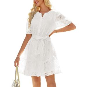 imageGRACE KARIN Womens Eyelet Vacation Dress Summer Casual Aline Mini Sundress Puff Sleeve Tie V Neck Ruffle Short Beach DressIvory