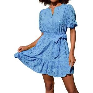 imageGRACE KARIN Womens Eyelet Vacation Dress Summer Casual Aline Mini Sundress Puff Sleeve Tie V Neck Ruffle Short Beach DressLight Blue