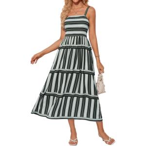 imageGRACE KARIN Womens Floral Maxi Dress 2025 Summer Spaghetti Strap Sleeveless Ruffle Hem Flowy Boho Beach DressBlack White