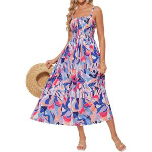 imageGRACE KARIN Womens Floral Maxi Dress 2025 Summer Spaghetti Strap Sleeveless Ruffle Hem Flowy Boho Beach DressBlue Pink