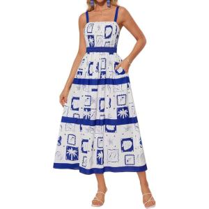 imageGRACE KARIN Womens Floral Maxi Dress 2025 Summer Spaghetti Strap Sleeveless Ruffle Hem Flowy Boho Beach DressWhite Blue