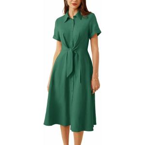 imageGRACE KARIN Womens Linen Dresses Summer Casual Flowy Collar Button Down Dress Front Tie Short Sleeve Pockets Midi Work DressLight Green