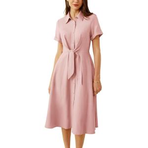 imageGRACE KARIN Womens Linen Dresses Summer Casual Flowy Collar Button Down Dress Front Tie Short Sleeve Pockets Midi Work DressLight Pink