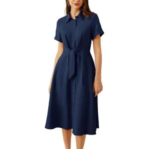 imageGRACE KARIN Womens Linen Dresses Summer Casual Flowy Collar Button Down Dress Front Tie Short Sleeve Pockets Midi Work DressNavy Blue