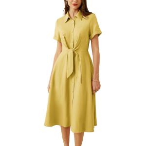 imageGRACE KARIN Womens Linen Dresses Summer Casual Flowy Collar Button Down Dress Front Tie Short Sleeve Pockets Midi Work DressYellow