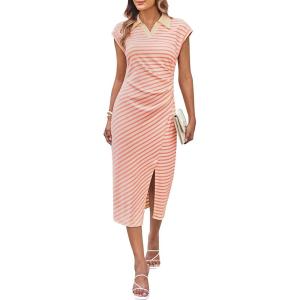 imageGRACE KARIN Womens Striped Bodycon Dress Summer Casual Polo V Neck Cap Sleeve Side Slit Ruched Stretch Midi DressesPink